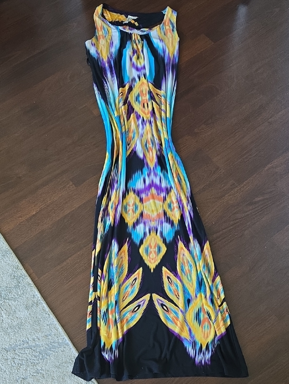 Emma & Michele Black Maxi Dress with Yellow, Blue & Purple Ikat Print